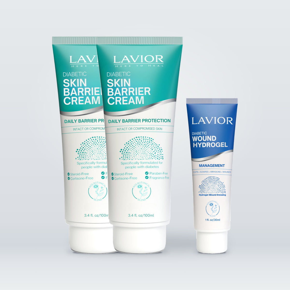 Lavior 360° Bundle: two Diabetic Skin Barrier Creams 3.4 oz and one Diabetic Wound Hydrogel 1 oz