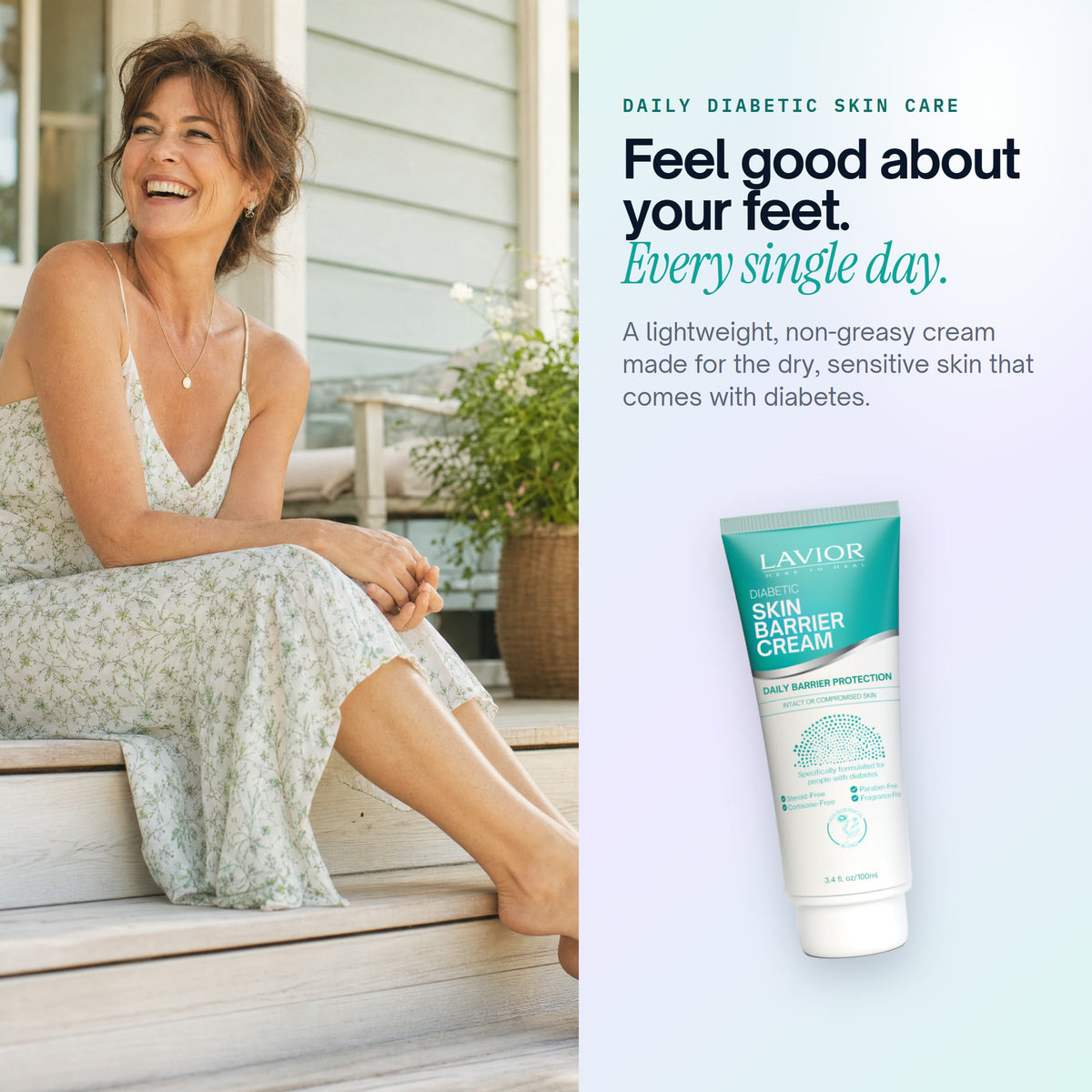Smiling woman barefoot on a porch, with Lavior Diabetic Skin Barrier Cream