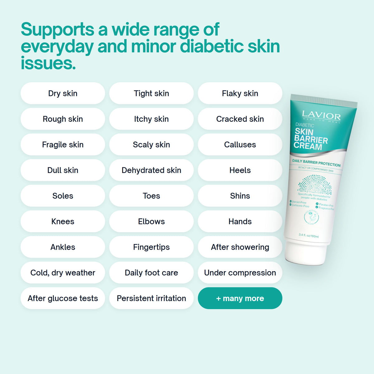 Diabetic Skin Barrier Cream supports a wide range of everyday diabetic skin issues