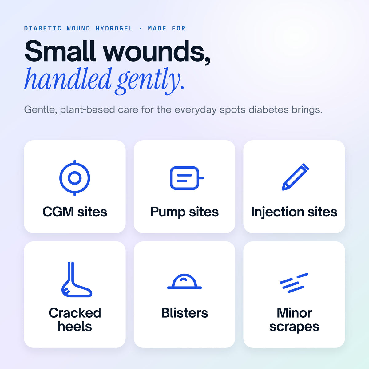 Diabetic Wound Hydrogel for CGM sites, pump sites, injection sites, cracked heels, blisters and minor scrapes