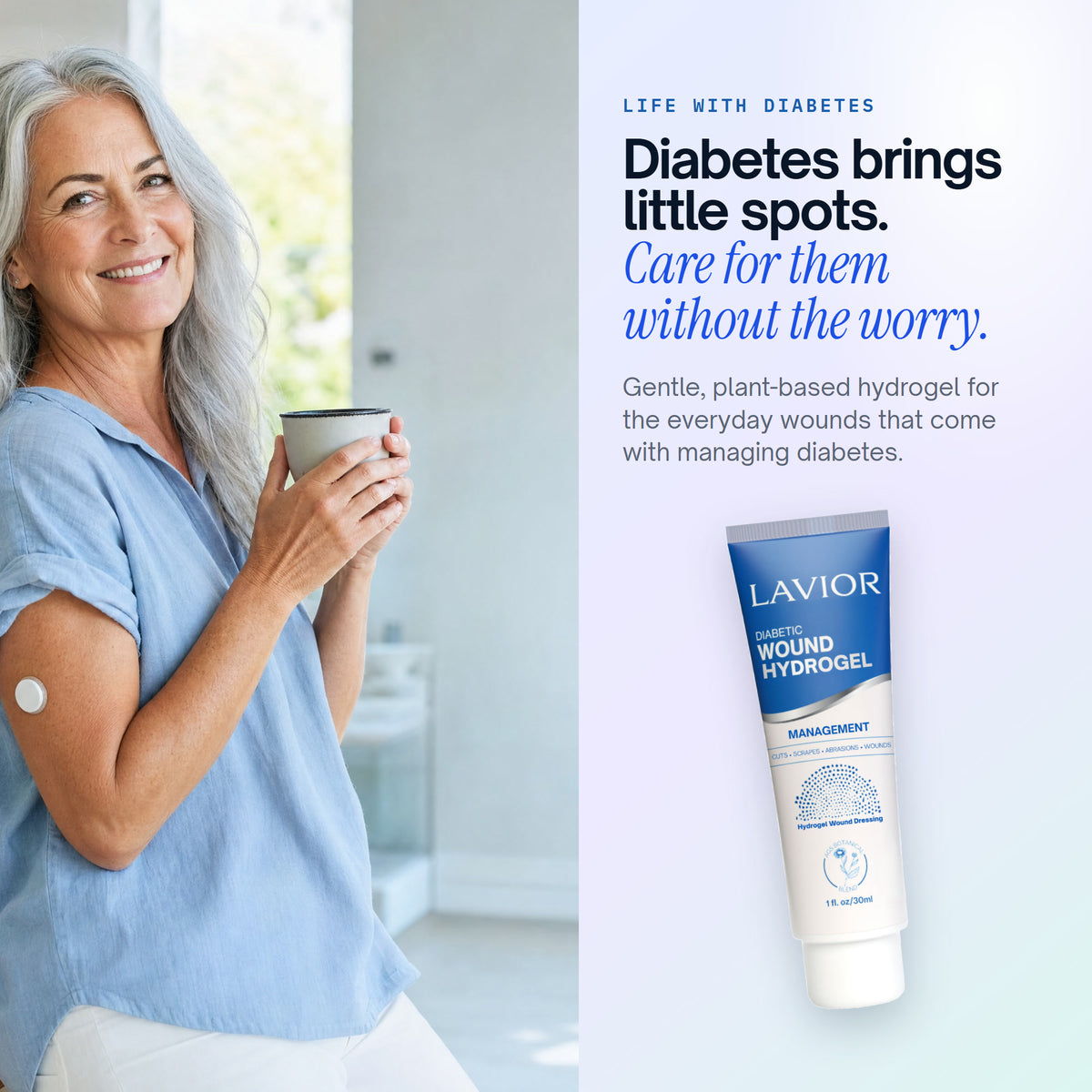 Smiling woman wearing a CGM sensor holding a coffee mug, with Lavior Diabetic Wound Hydrogel