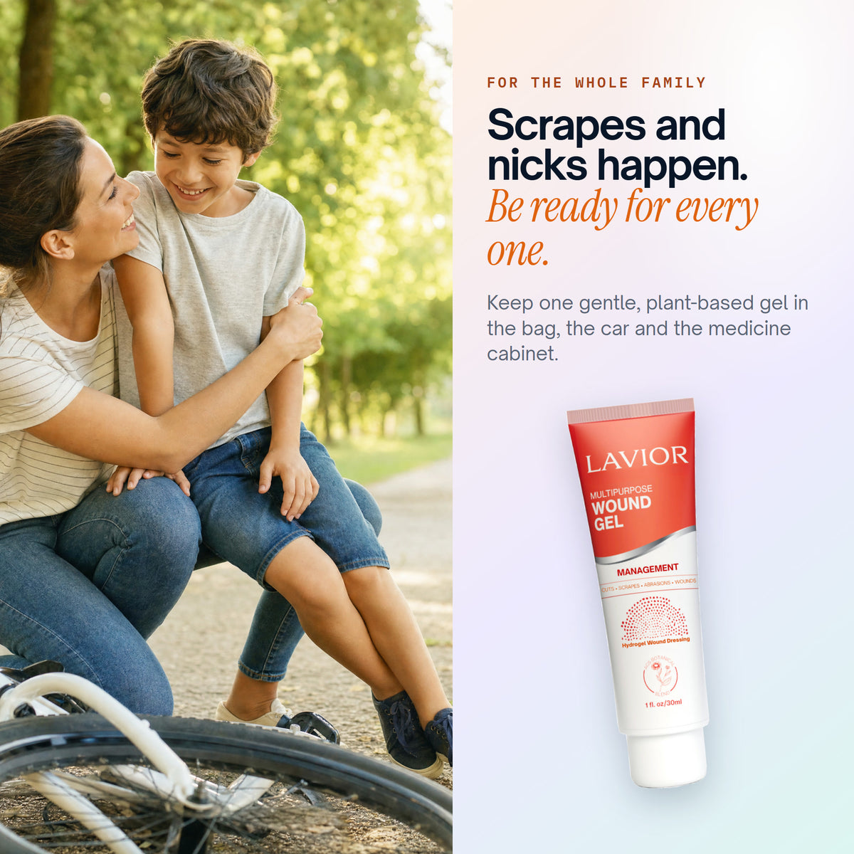 Mother hugging her son after a bike fall, with Lavior Multipurpose Wound Gel